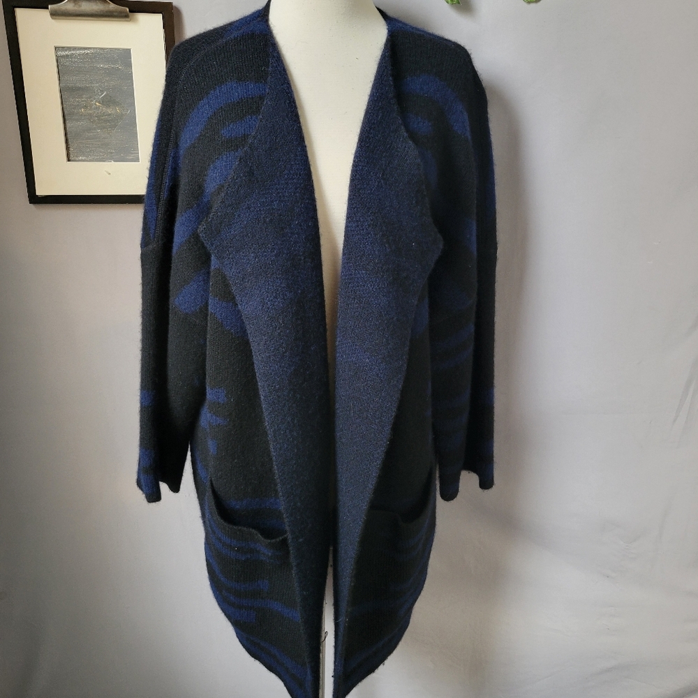 Kinross Reversible Yak Wool Open Front Cardigan Sweater Coat Blue M‎